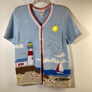 Womens Vintage Breckenridge Lighthouse Boat Summer Cardigan Blue White Red‎ S
